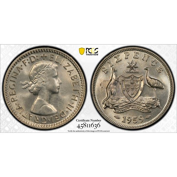 AUSTRALIA: Elizabeth II, 1952-2022, AR 6 pence, 1959(m), PCGS Proof 65
