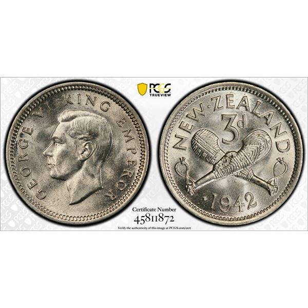 NEW ZEALAND: George VI, 1936-1952, AR 3 pence, 1942, PCGS MS64