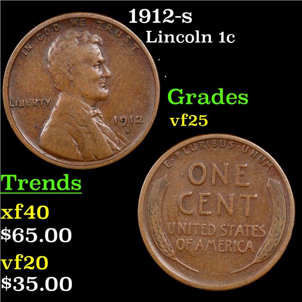 1912-s Lincoln Cent 1c Grades vf+