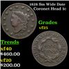 Image 1 : 1828 Sm Wide Date Coronet Head Large Cent 1c Grades vf+