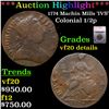 Image 1 : ***Auction Highlight*** 1774 Machin Mills 'IVS' Colonial Half Pence 1/2p Graded vf20 details By SEGS