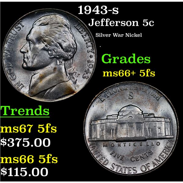1943-s Jefferson Nickel 5c Grades GEM++ 5fs