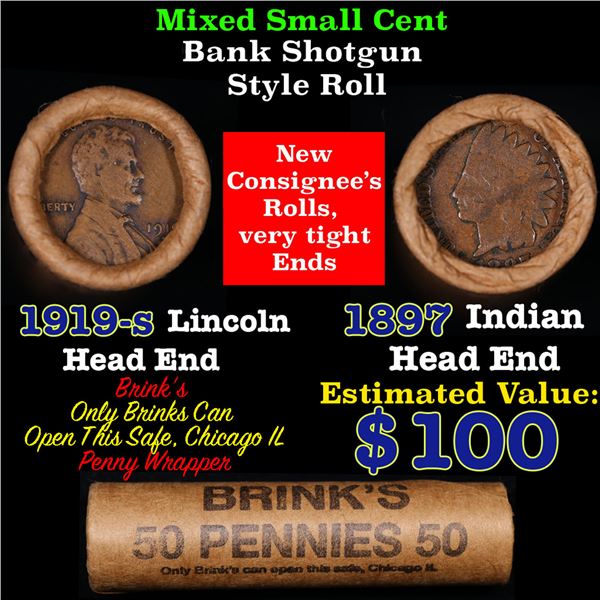 Mixed small cents 1c orig shotgun roll, 1919-s Wheat Cent, 1897 Indian Cent other end, Brinks Wrappe