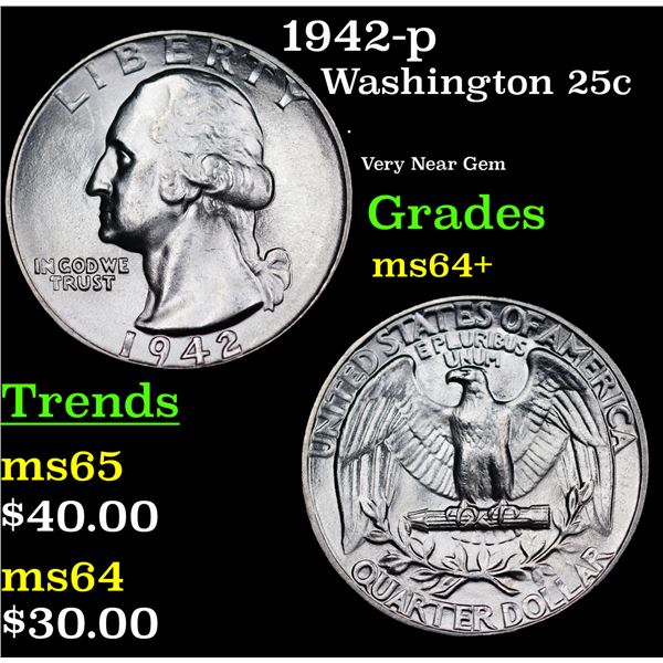 1942-p Washington Quarter 25c Grades Choice+ Unc