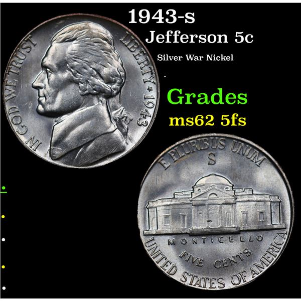 1943-s Jefferson Nickel 5c Grades Select Unc 5fs