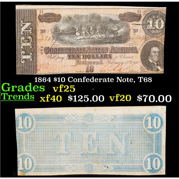 1864 $10 Confederate Note, T68 Grades vf+