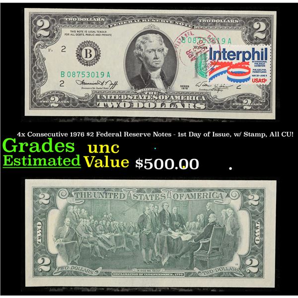 4x Consecutive 1976 $2 Federal Reserve Notes - 1st Day of Issue, w/ Stamp, All CU! Grades Brilliant 