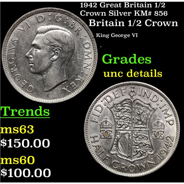 1942 Great Britain 1/2 Crown Silver KM# 856 Grades Unc Details