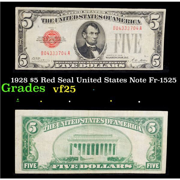 1928 $5 Red Seal United States Note Fr-1525 Grades vf+