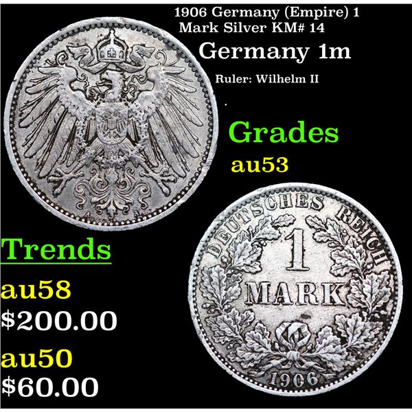 1906 Germany (Empire) 1 Mark Silver KM# 14 Grades Select AU