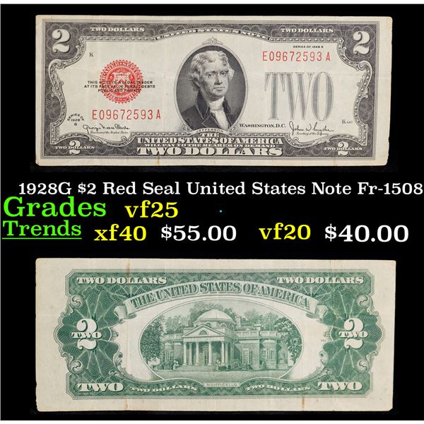 1928G $2 Red Seal United States Note Fr-1508 Grades vf+