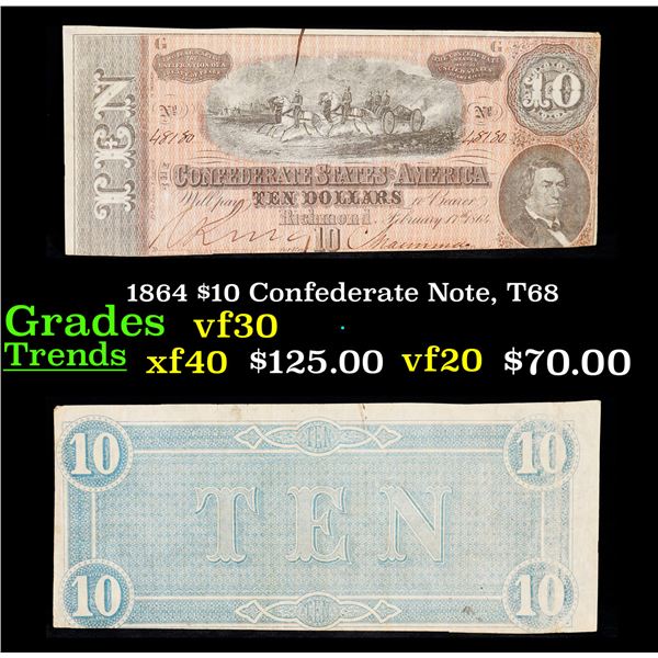 1864 $10 Confederate Note, T68 Grades vf++
