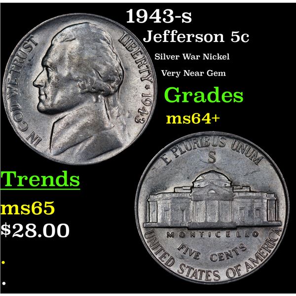 1943-s Jefferson Nickel 5c Grades Choice+ Unc