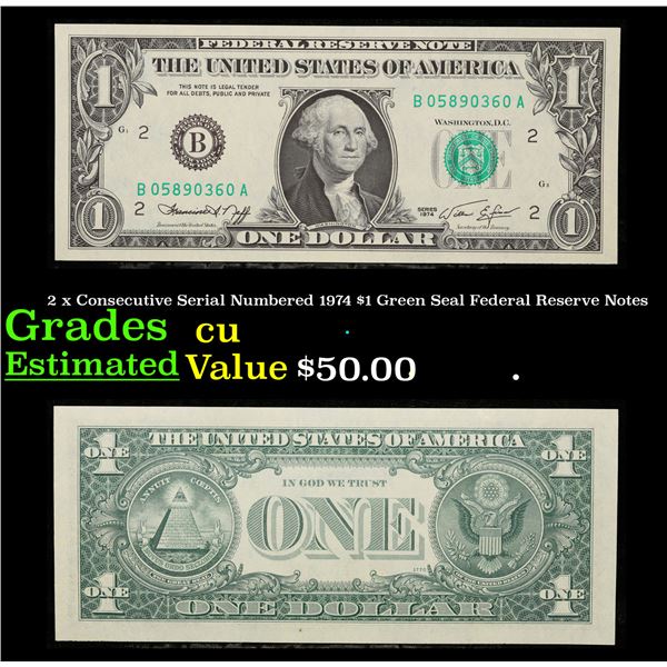 2 x Consecutive Serial Numbered 1974 $1 Green Seal Federal Reserve Notes Grades CU