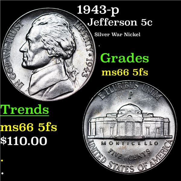 1943-p Jefferson Nickel 5c Grades GEM+ 5fs