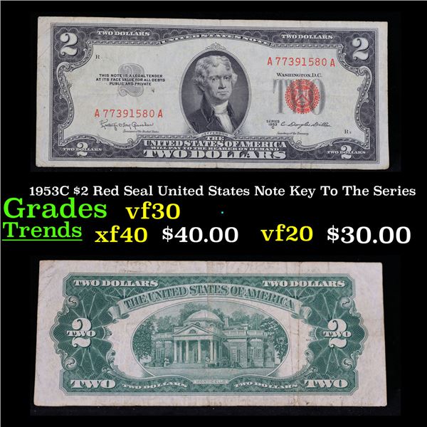 1953C $2 Red Seal United States Note Key To The Series Grades vf++