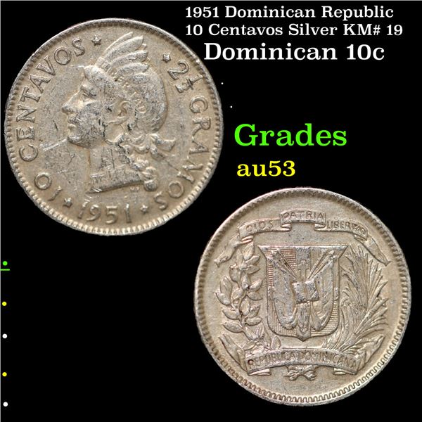 1951 Dominican Republic 10 Centavos Silver KM# 19 Grades Select AU