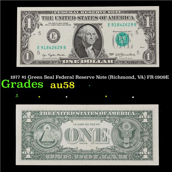 1977 $1 Green Seal Federal Reserve Note (Richmond, VA) FR-1909E Grades Choice AU/BU Slider