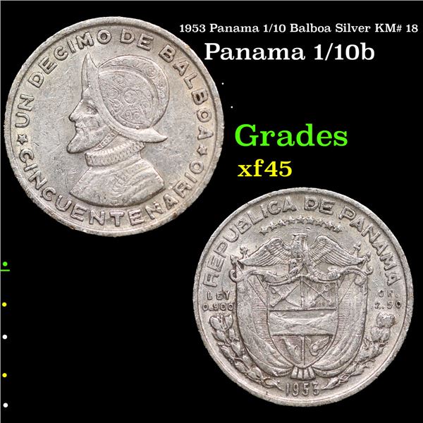 1953 Panama 1/10 Balboa Silver KM# 18 Grades xf+