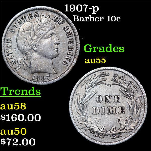 1907-p Barber Dime 10c Grades Choice AU