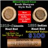 Image 1 : Mixed small cents 1c orig shotgun roll, 1919-d Wheat Cent, 1895 Indian Cent other end, Brinks Wrappe