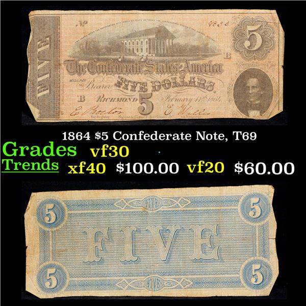 1864 $5 Confederate Note, T69 Grades vf++