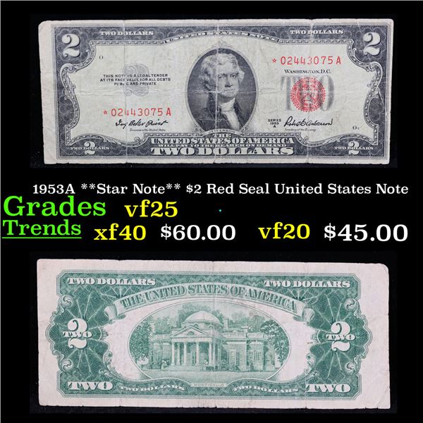 1953A **Star Note** $2 Red Seal United States Note Grades vf+