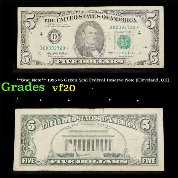 **Star Note** 1995 $5 Green Seal Federal Reserve Note (Cleveland, OH) Grades vf, very fine