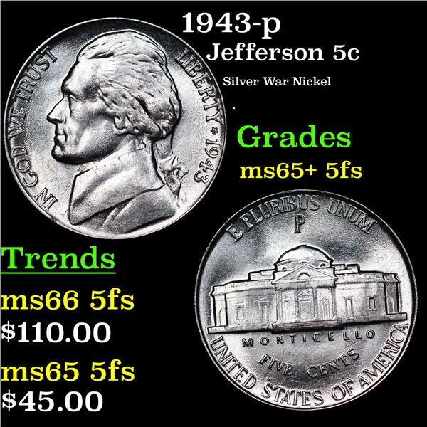 1943-p Jefferson Nickel 5c Grades GEM+ 5fs