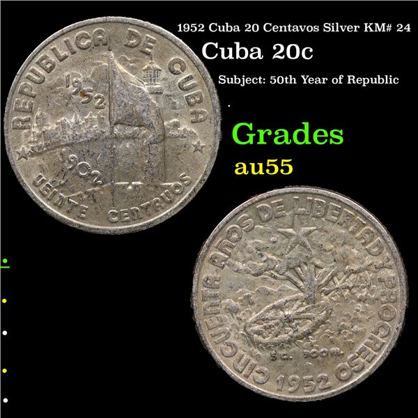 1952 Cuba 20 Centavos Silver KM# 24 Grades Choice AU