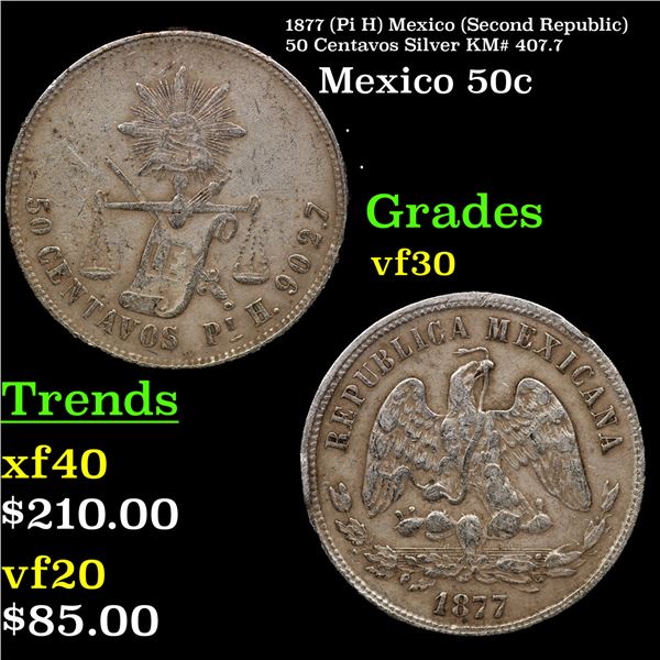 1877 (Pi H) Mexico (Second Republic) 50 Centavos Silver KM# 407.7 Grades vf++