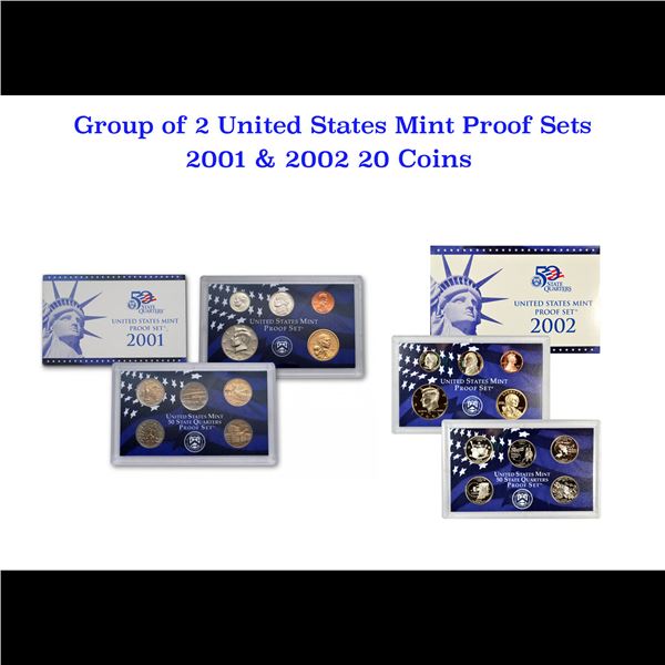 Group of 2 United States Mint Proof Sets 2001-2002 20 coins.