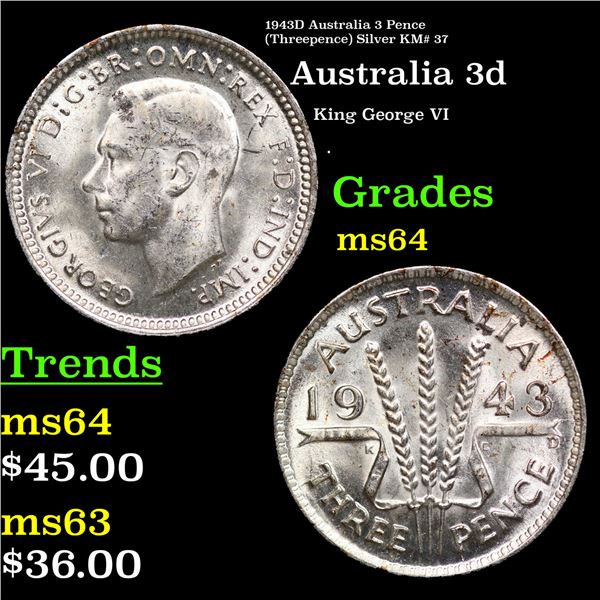 1943D Australia 3 Pence (Threepence) Silver KM# 37 Grades Choice Unc