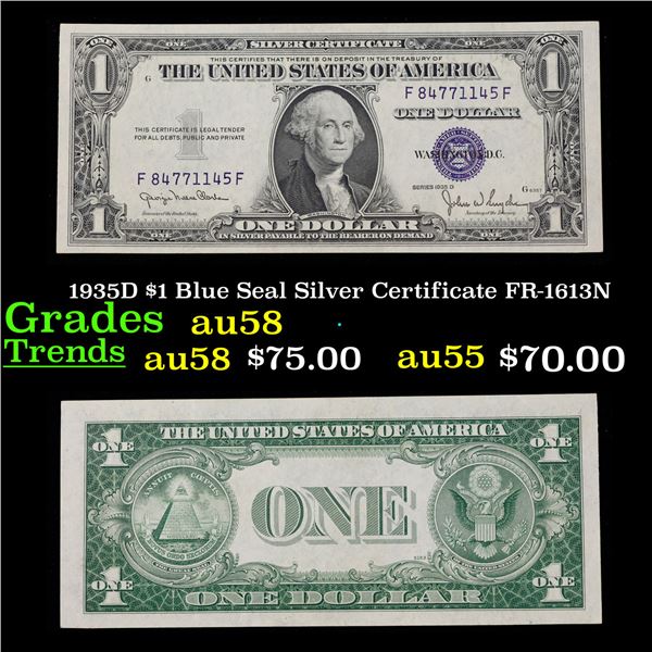 1935D $1 Blue Seal Silver Certificate FR-1613N Grades Choice AU/BU Slider