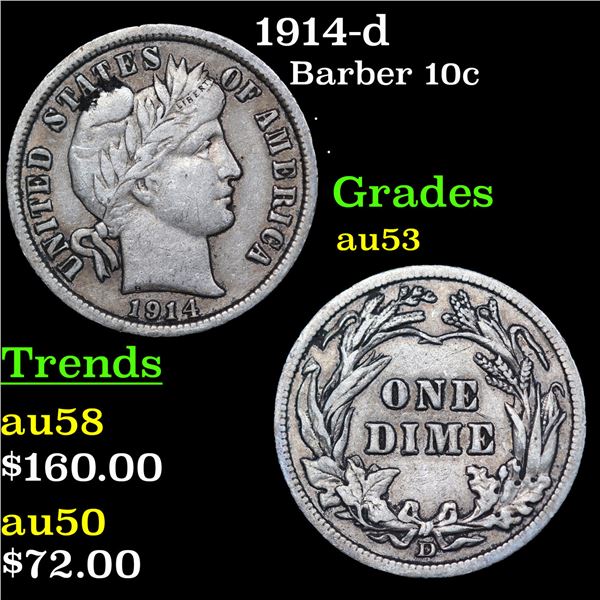 1914-d Barber Dime 10c Grades Select AU