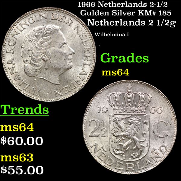 1966 Netherlands 2-1/2 Gulden Silver KM# 185 Grades Choice Unc