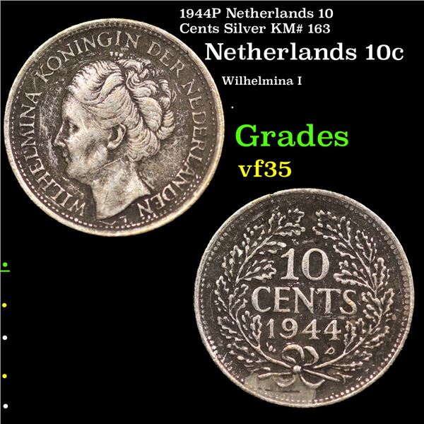 1944P Netherlands 10 Cents Silver KM# 163 Grades vf++