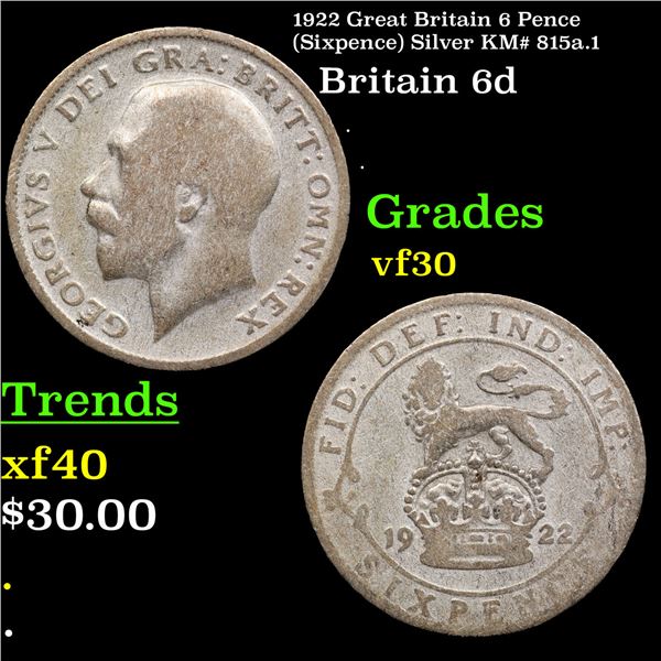 1922 Great Britain 6 Pence (Sixpence) Silver KM# 815a.1 Grades vf++