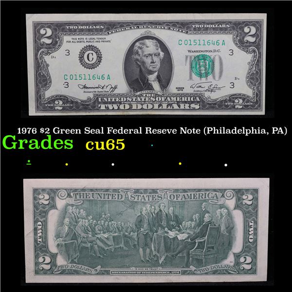1976 $2 Green Seal Federal Reseve Note (Philadelphia, PA) Grades Gem CU