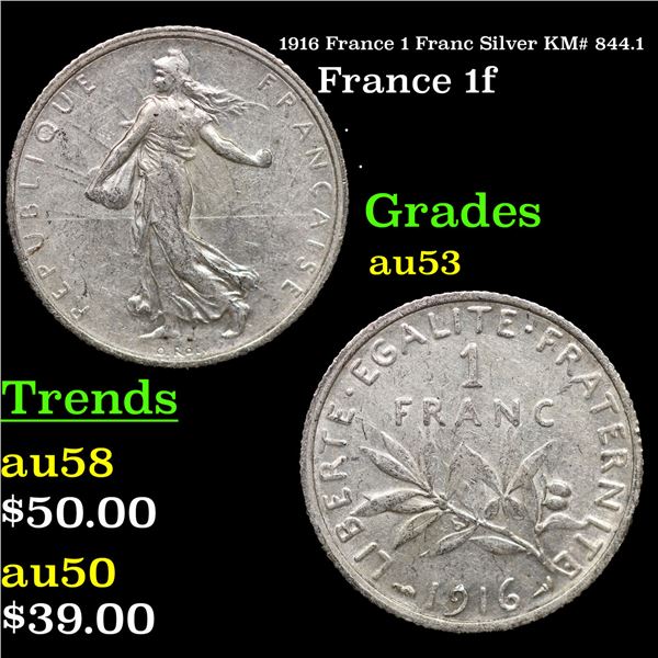 1916 France 1 Franc Silver KM# 844.1 Grades Select AU