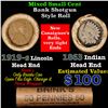Image 1 : Mixed small cents 1c orig shotgun roll, 1919-s Wheat Cent, 1863 Indian Cent other end, Brinks Wrappe