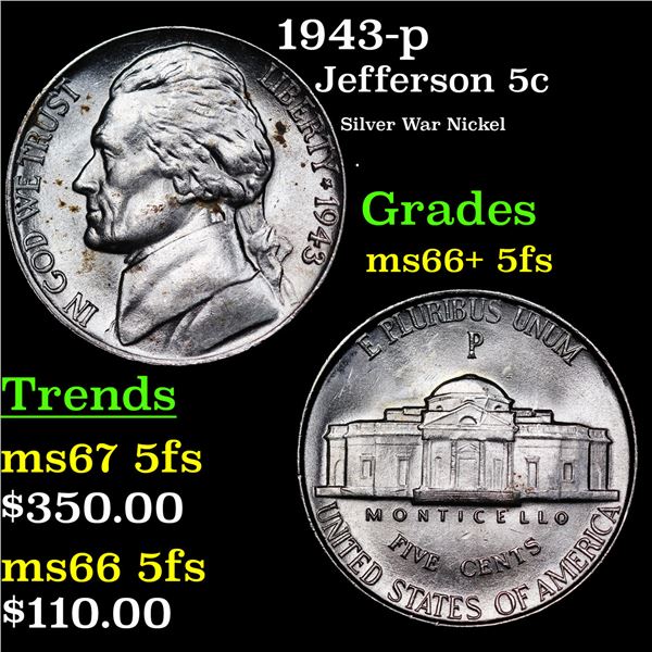 1943-p Jefferson Nickel 5c Grades GEM++ 5fs