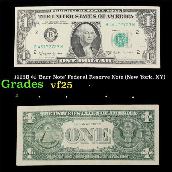 1963B $1 'Barr Note' Federal Reserve Note (New York, NY) Grades vf+