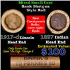 Image 1 : Mixed small cents 1c orig shotgun roll, 1917-d Wheat Cent, 1897 Indian Cent other end, Brinks Wrappe