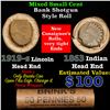 Image 1 : Mixed small cents 1c orig shotgun roll, 1919-s Wheat Cent, 1863 Indian Cent other end, Brinks Wrappe