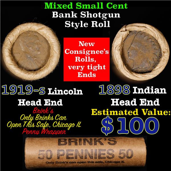 Mixed small cents 1c orig shotgun roll, 1919-s Wheat Cent, 1898 Indian Cent other end, Brinks Wrappe