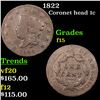 Image 1 : 1822 Coronet Head Large Cent 1c Grades f+