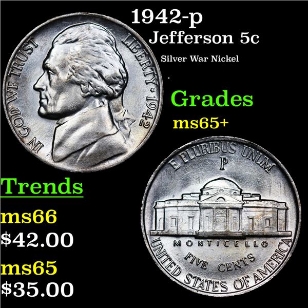 1942-p Jefferson Nickel 5c Grades GEM+ Unc