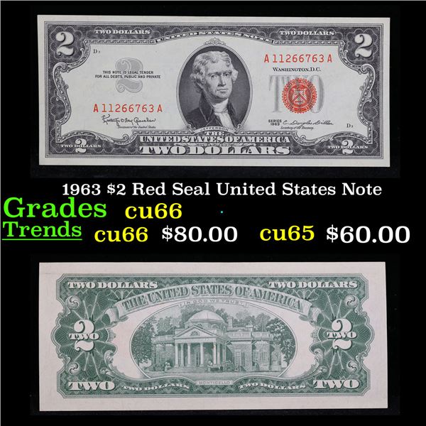 1963 $2 Red Seal United States Note Grades Gem+ CU