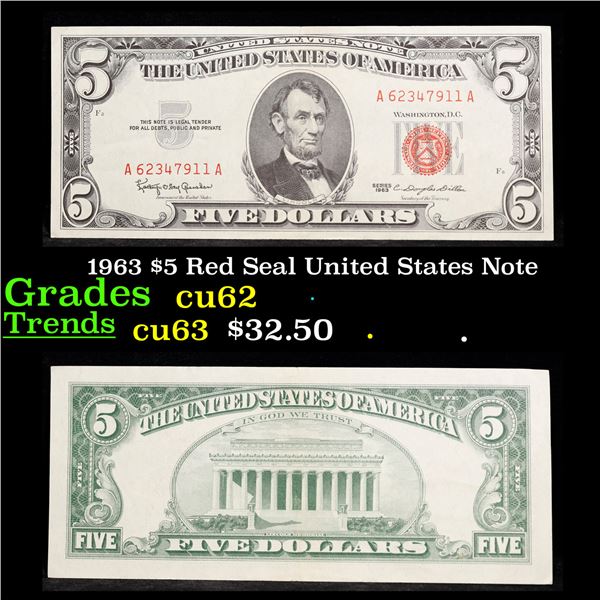 1963 $5 Red Seal United States Note Grades Select CU